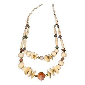 Vintage Bohemian Carved Bone & Stone Bead Necklace JB9